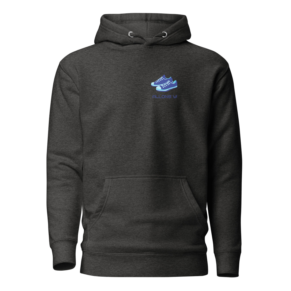 Charcoal Heather hoodie, front view with blue sneakers and "Allons Y" chest lettering.