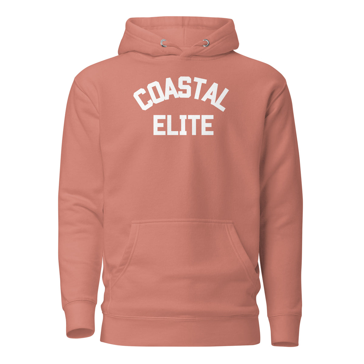 Dusty Rose hoodie, front view, with white arched 'Coastal Elite' lettering.