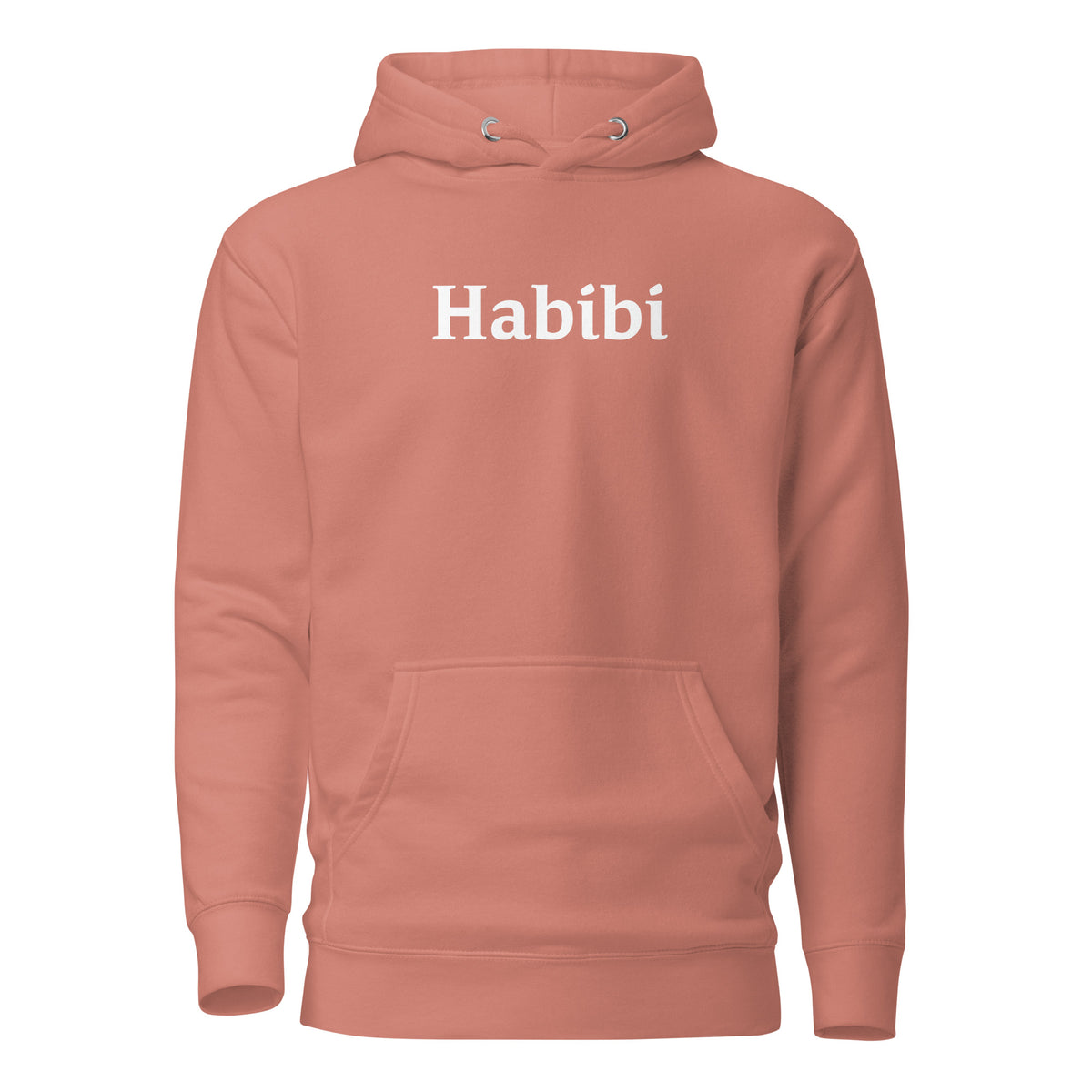 Dusty Rose hoodie, front view, with white 'Habibi' lettering.