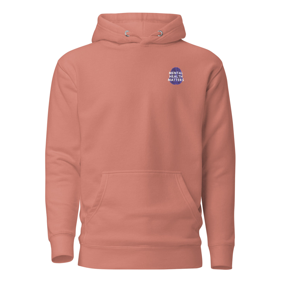 Dusty Rose hoodie with a small Mental Health Matters chest badge, front view.