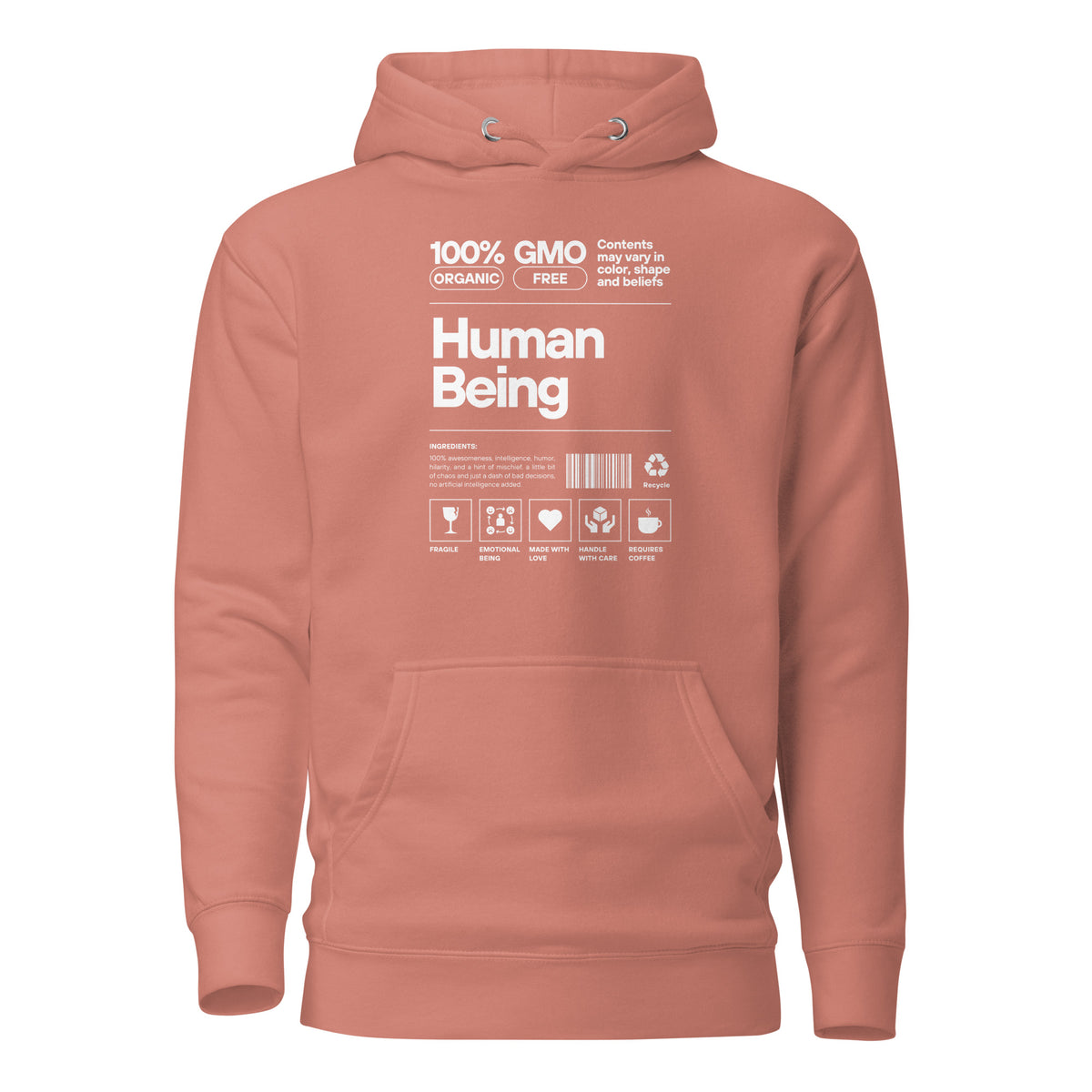 Dusty Rose hoodie with a white Human Being label-style graphic and icons, front view.