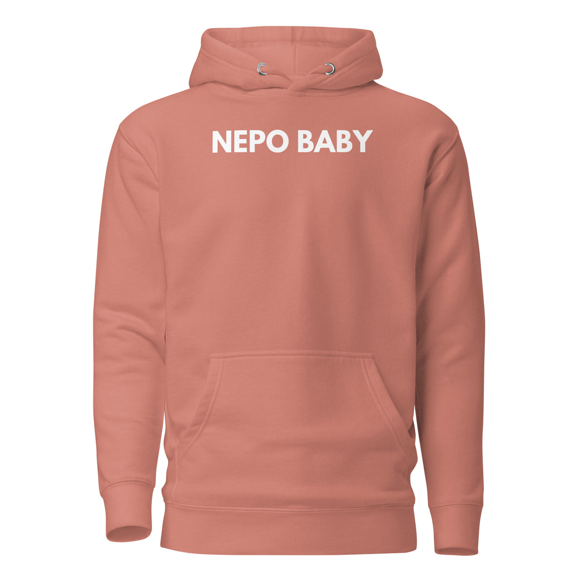 Dusty Rose hoodie with white Nepo Baby lettering, front view.