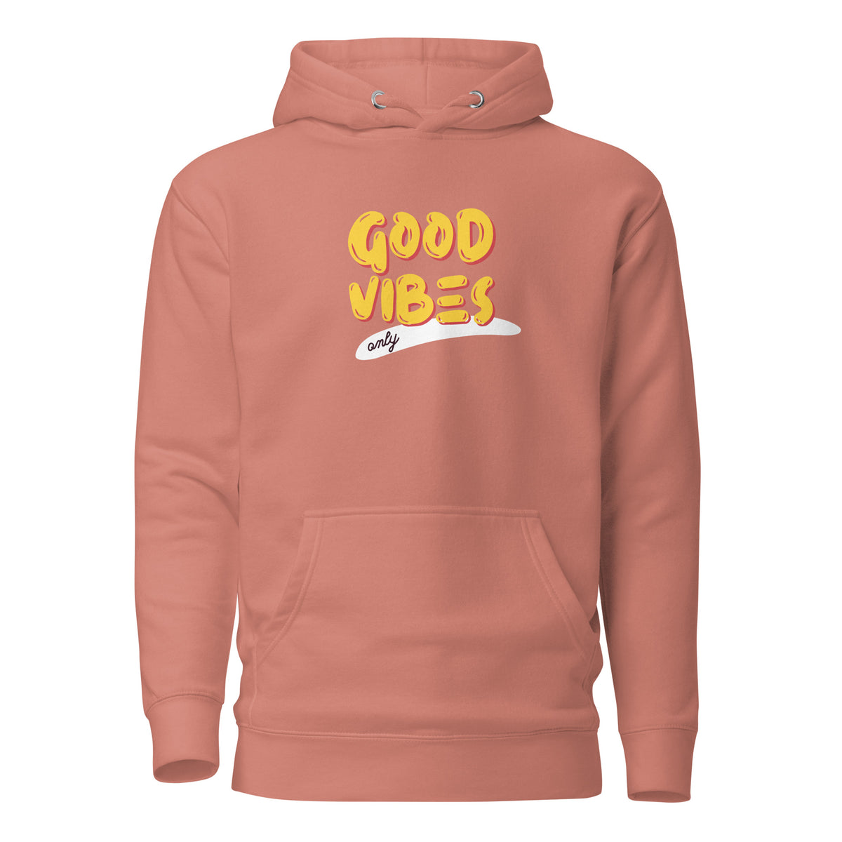 Dusty Rose hoodie, front view, with yellow 'Good Vibes' lettering with a white underline.