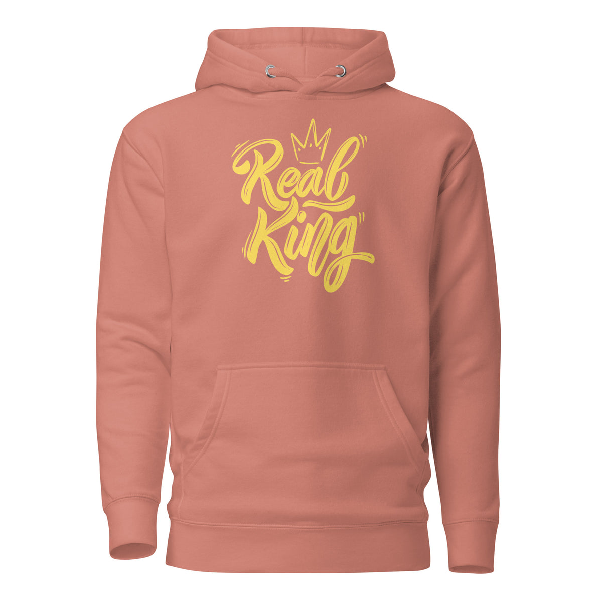 Dusty Rose hoodie, front view, with yellow 'Real King' script and a crown.