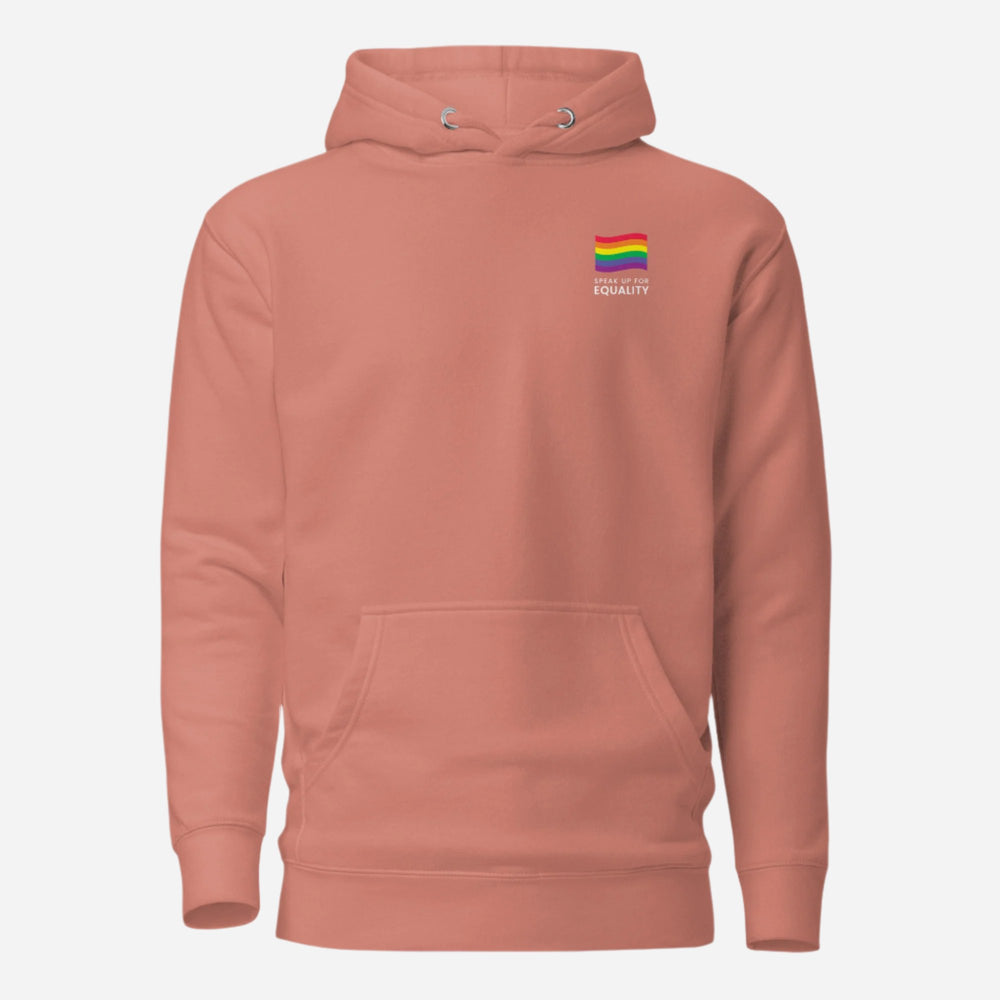 Dusty Rose hoodie, front view, with a small rainbow flag and lettering on the chest.
