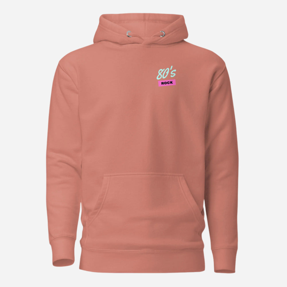 Dusty Rose hoodie with small 80's Rock chest lettering, front view.