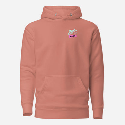 Dusty Rose hoodie with small 80's Rock chest lettering, front view.
