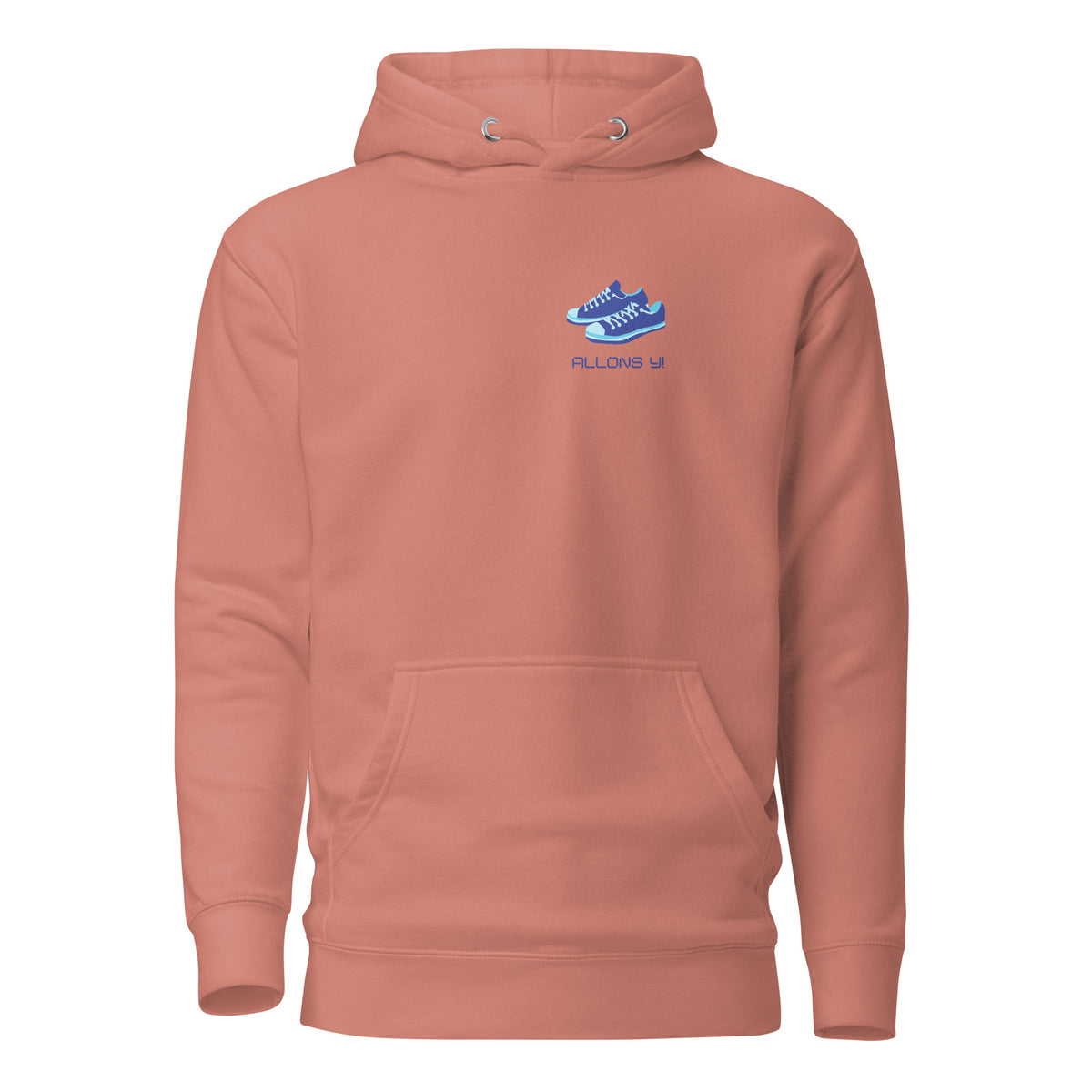 Dusty Rose hoodie, front view with blue sneakers and "Allons Y" chest lettering.