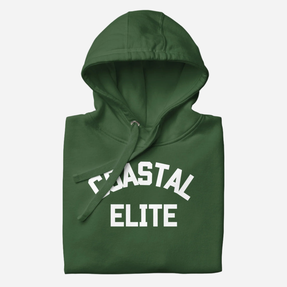 Forest Green hoodie, folded view, with white arched 'Coastal Elite' lettering.
