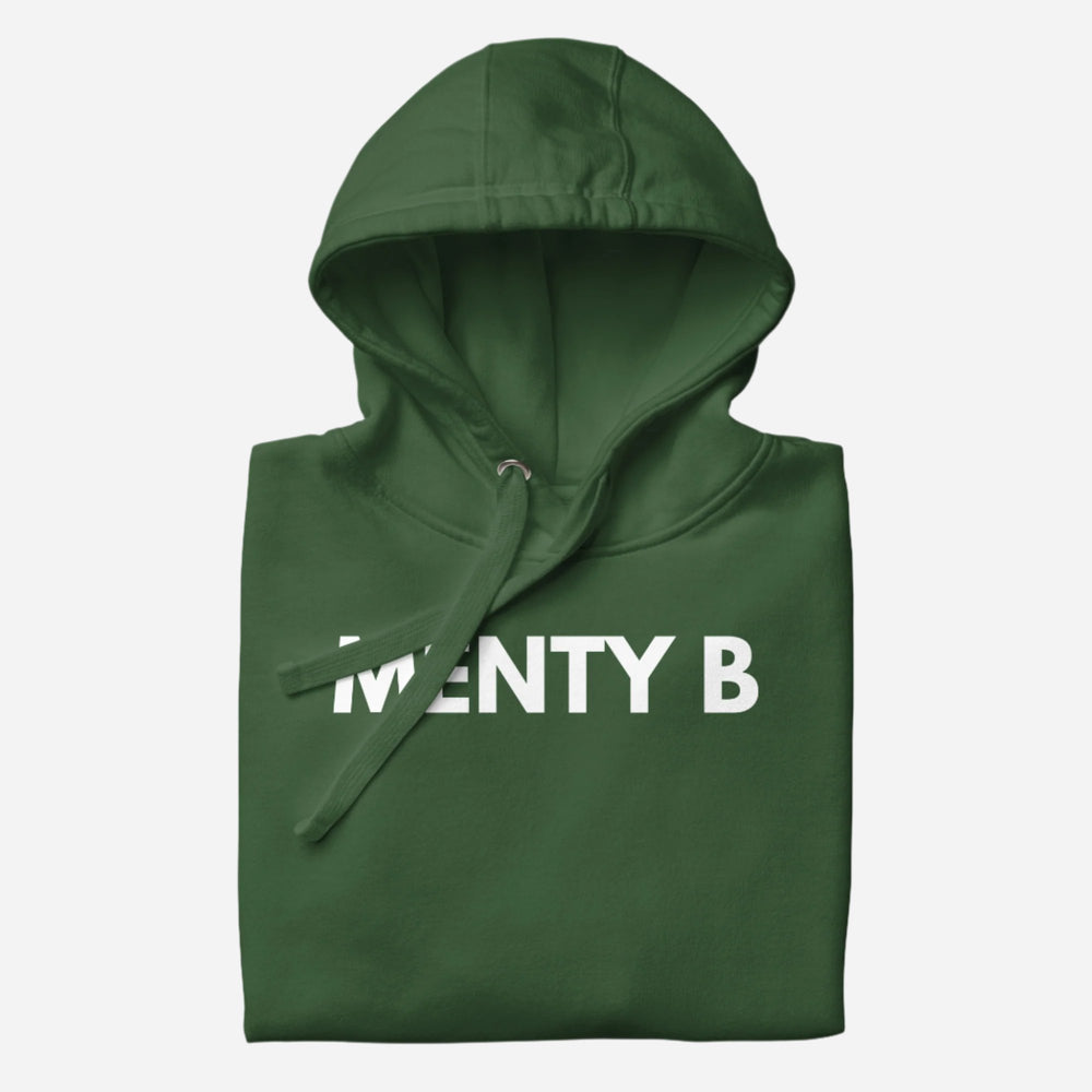 Forest Green hoodie, folded view, with white 'MENTY B' lettering.