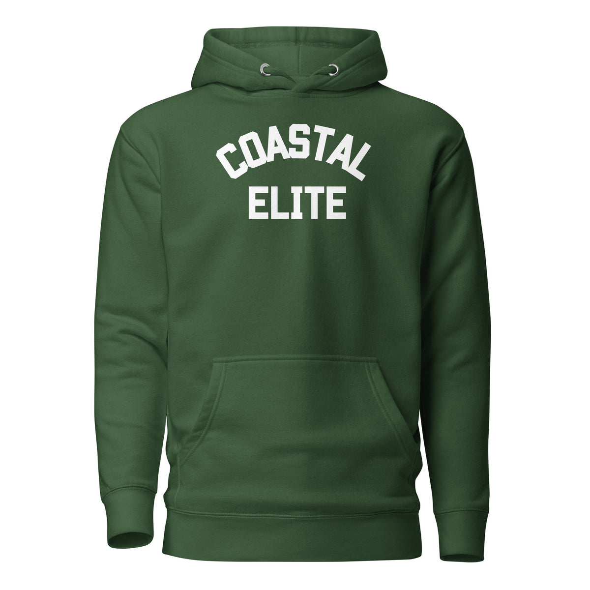 Forest Green hoodie, front view, with white arched 'Coastal Elite' lettering.