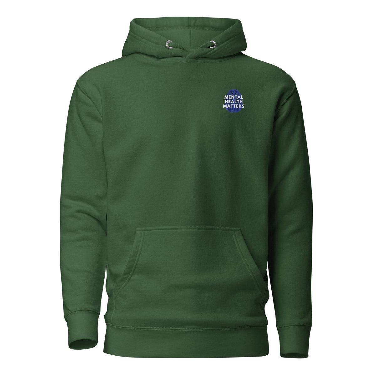 Forest Green hoodie with a small Mental Health Matters chest badge, front view.