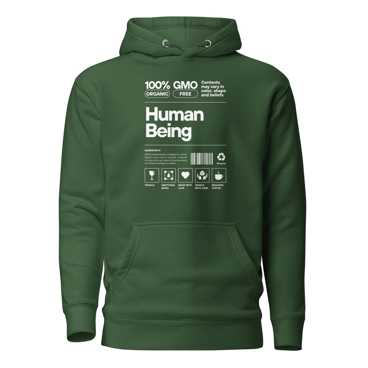 Forest Green hoodie with a white Human Being label-style graphic and icons, front view.