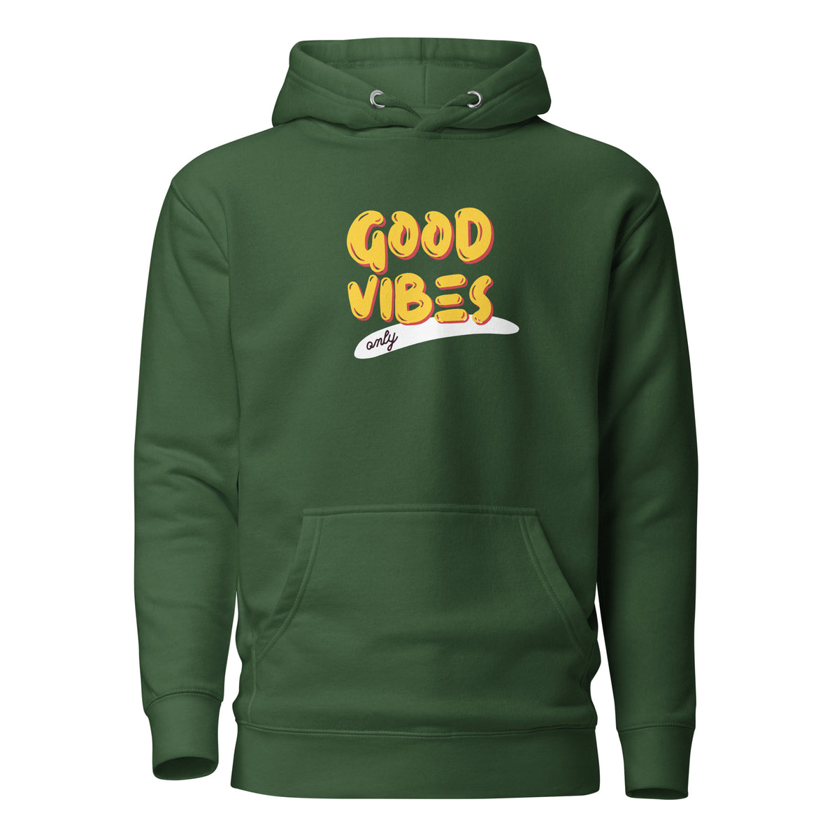 Forest Green hoodie, front view, with yellow 'Good Vibes' lettering with a white underline.