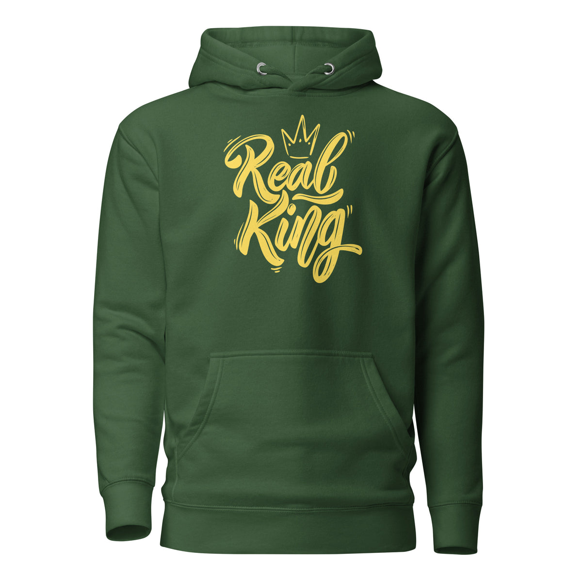 Forest Green hoodie, front view, with yellow 'Real King' script and a crown.