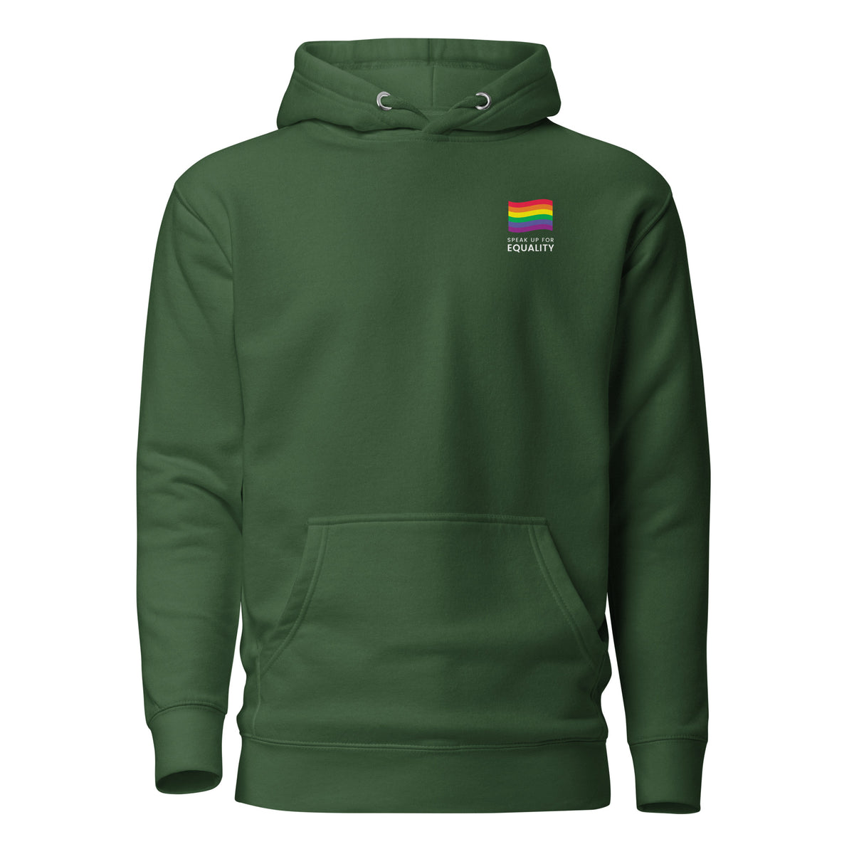Forest Green hoodie, front view, with a small rainbow flag and lettering on the chest.