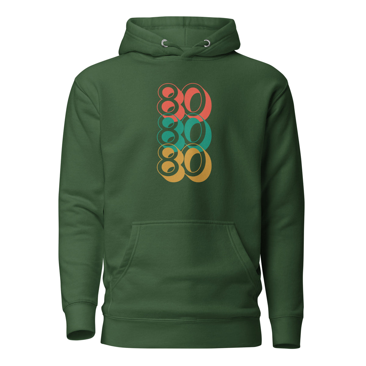Forest Green hoodie with stacked red, green and yellow 80 numerals, front view.