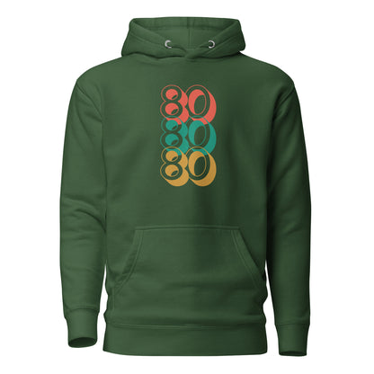 Forest Green hoodie with stacked red, green and yellow 80 numerals, front view.