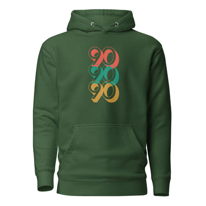 Forest Green hoodie, front view with stacked red, green and yellow "90" numerals.