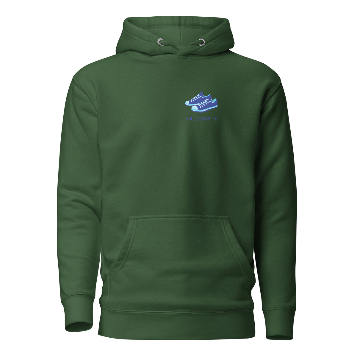 Forest Green hoodie, front view with blue sneakers and "Allons Y" chest lettering.