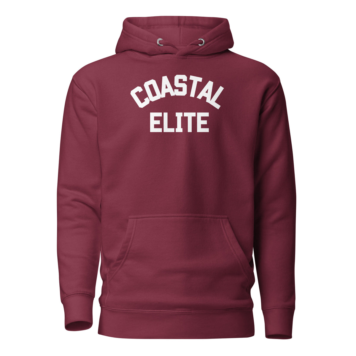 Maroon hoodie, front view, with white arched 'Coastal Elite' lettering.