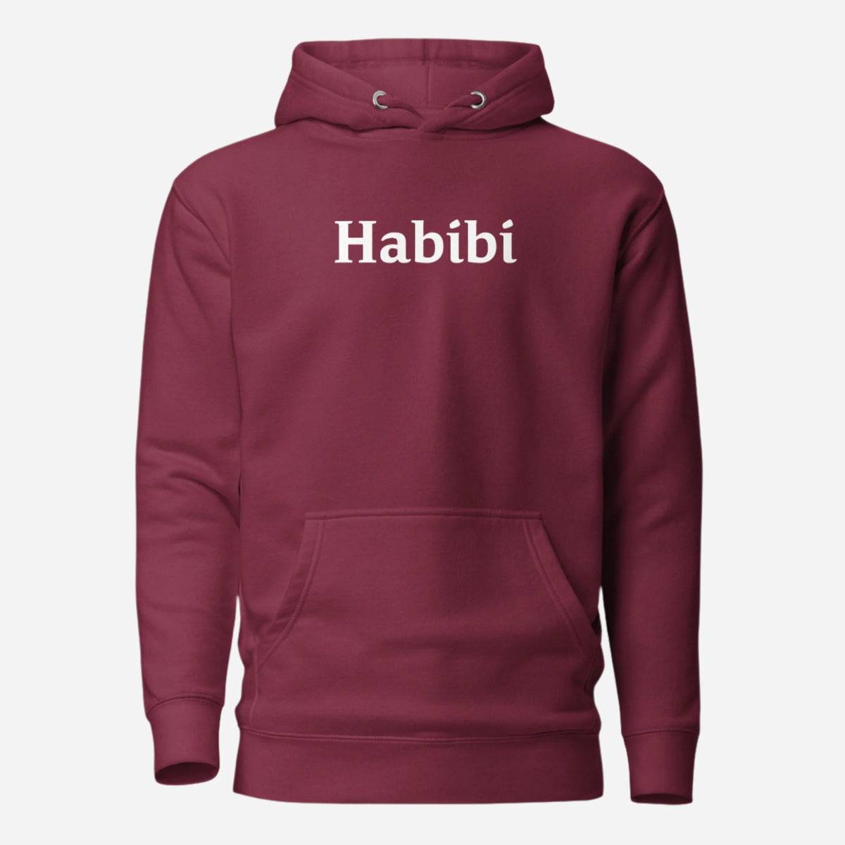 Maroon hoodie, front view, with white 'Habibi' lettering.