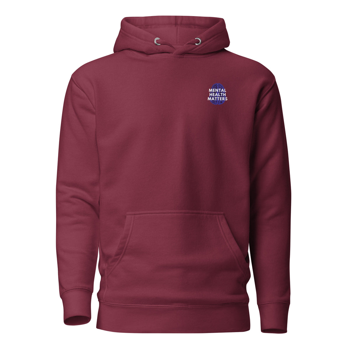 Maroon hoodie with a small Mental Health Matters chest badge, front view.