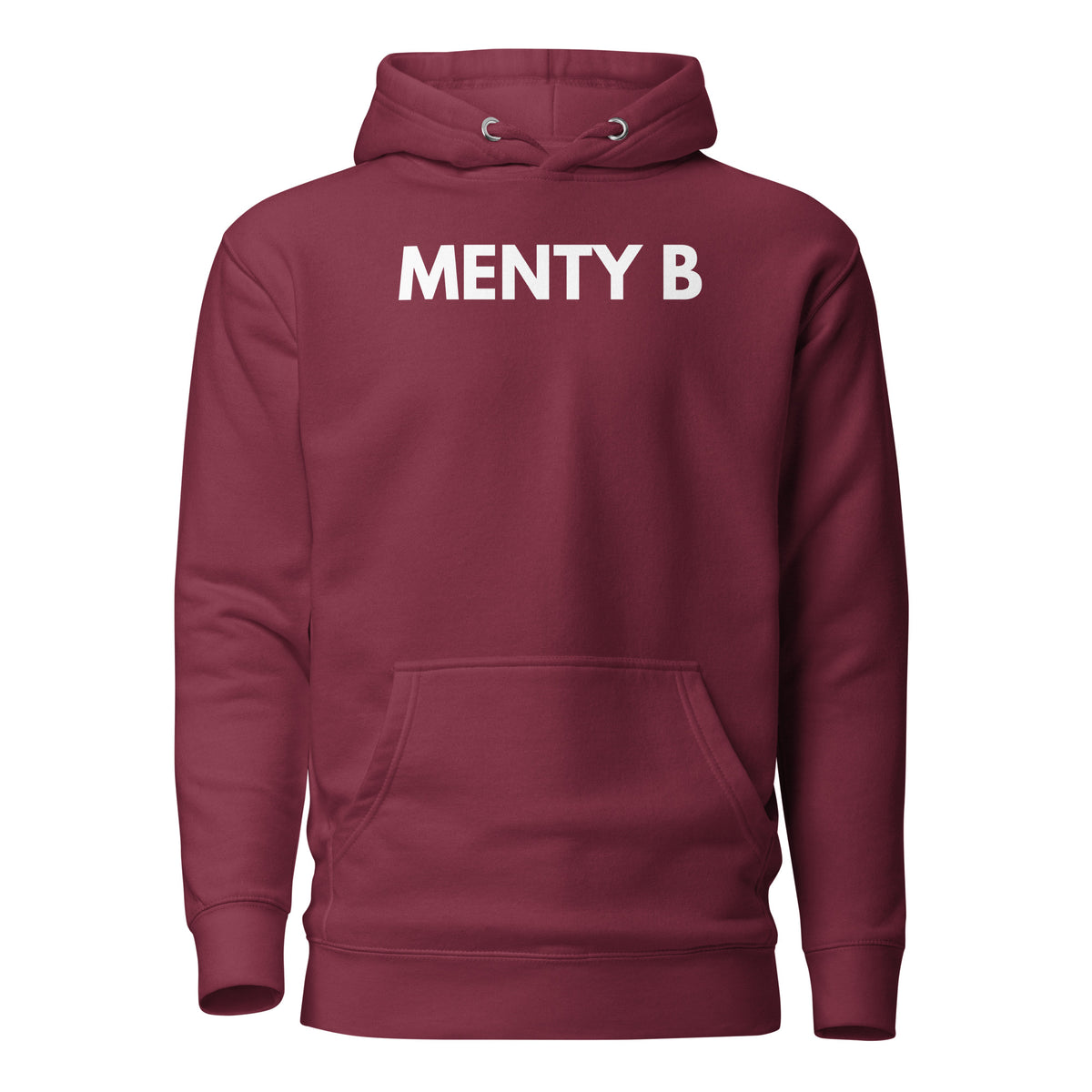 Maroon hoodie, front view, with white 'MENTY B' lettering.