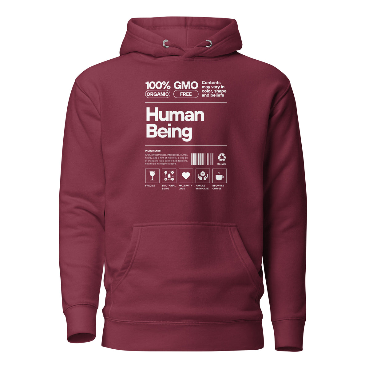 Maroon hoodie with a white Human Being label-style graphic and icons, front view.