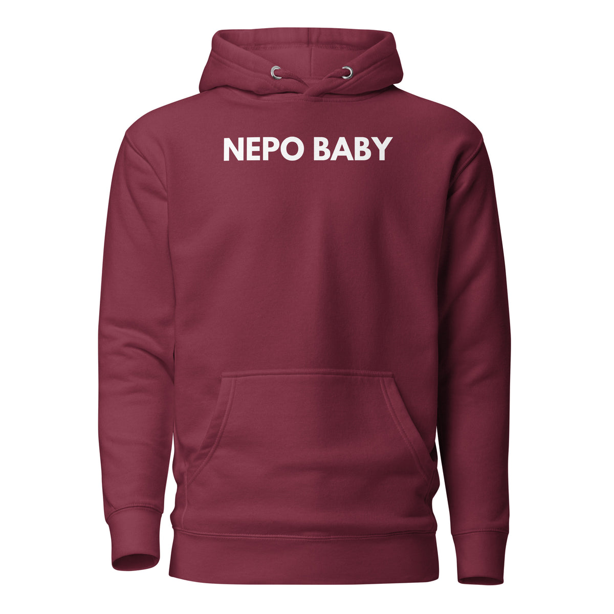 Maroon hoodie with white Nepo Baby lettering, front view.