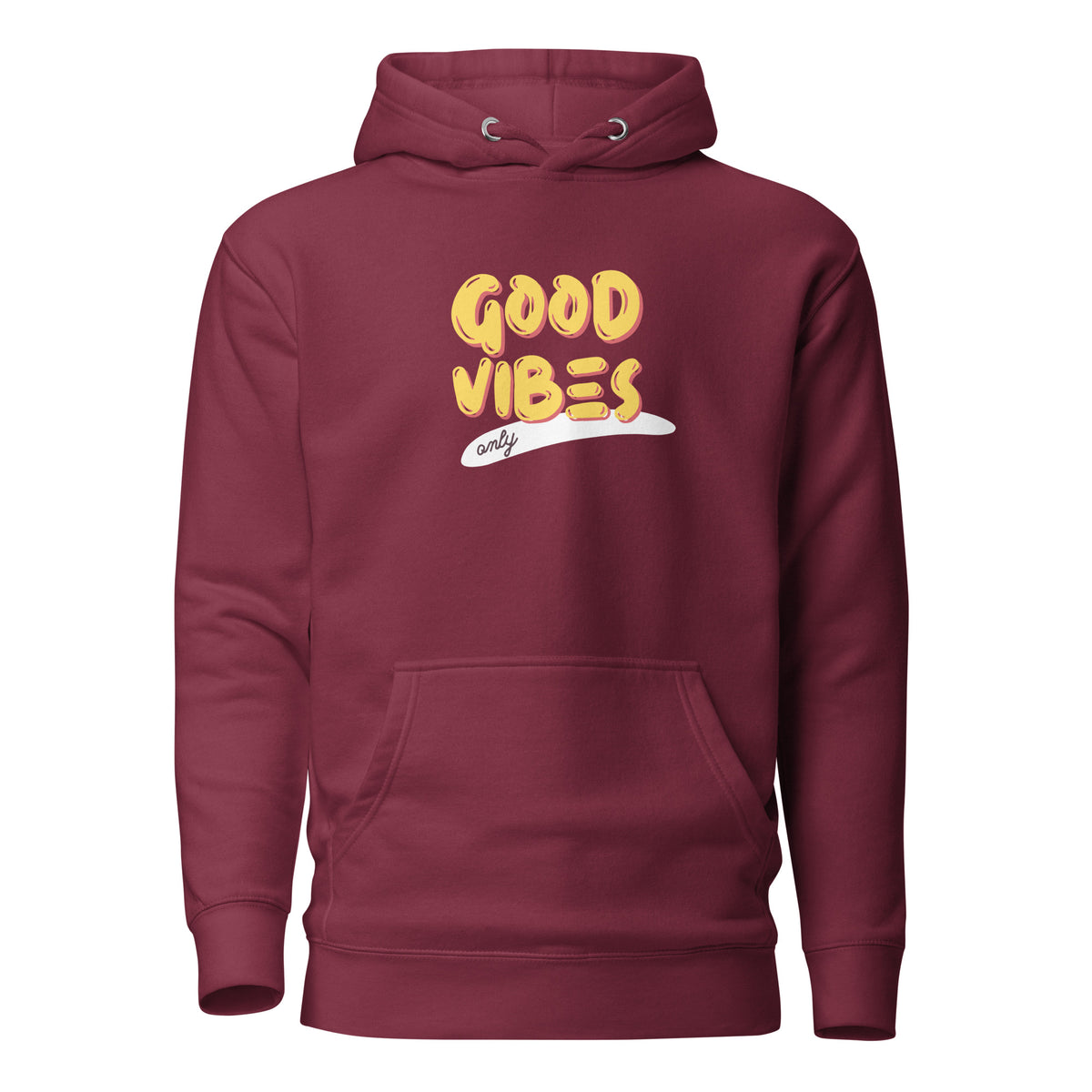 Maroon hoodie, front view, with yellow 'Good Vibes' lettering with a white underline.