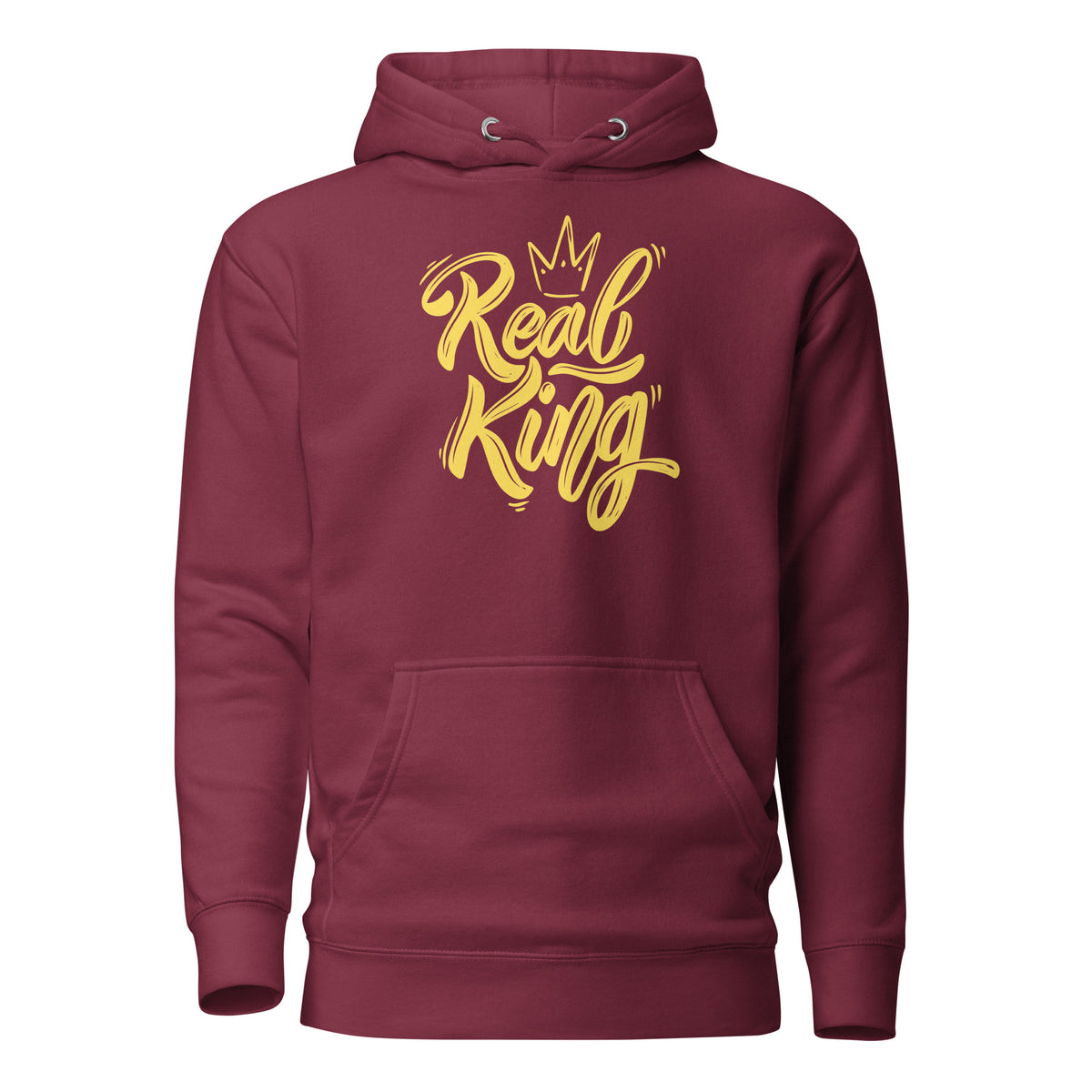 Maroon hoodie, front view, with yellow 'Real King' script and a crown.