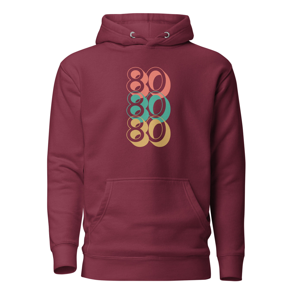 Maroon hoodie with stacked red, green and yellow 80 numerals, front view.