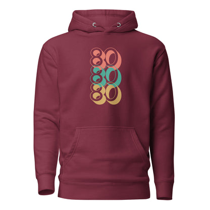 Maroon hoodie with stacked red, green and yellow 80 numerals, front view.