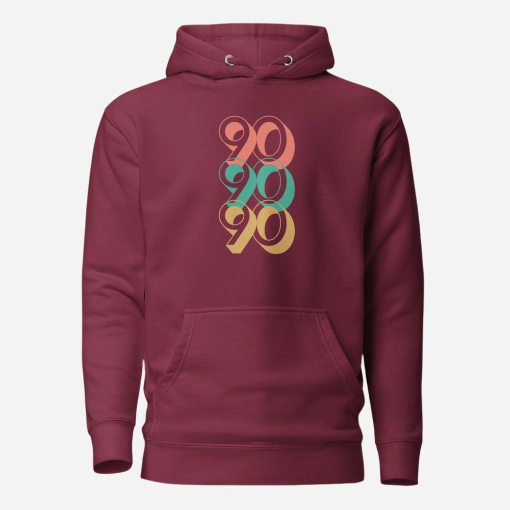 Maroon hoodie, front view with stacked red, green and yellow "90" numerals.