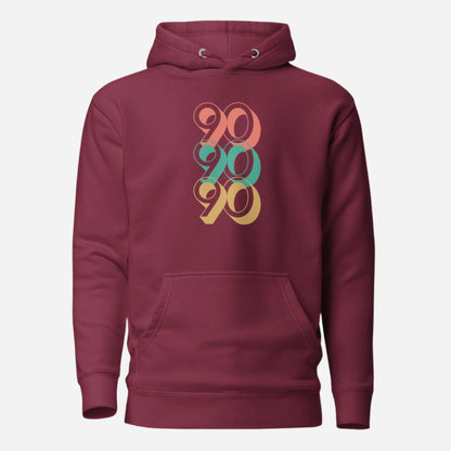 Maroon hoodie, front view with stacked red, green and yellow "90" numerals.