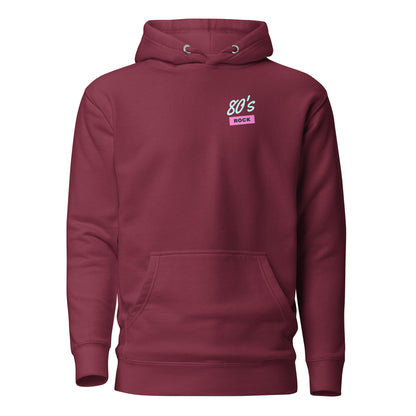 Maroon hoodie with small 80's Rock chest lettering, front view.