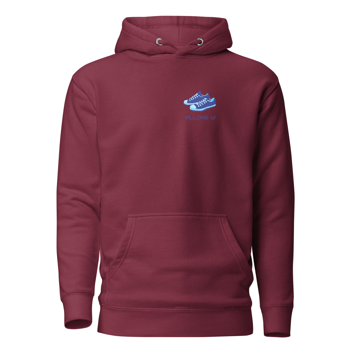 Maroon hoodie, front view with blue sneakers and "Allons Y" chest lettering.