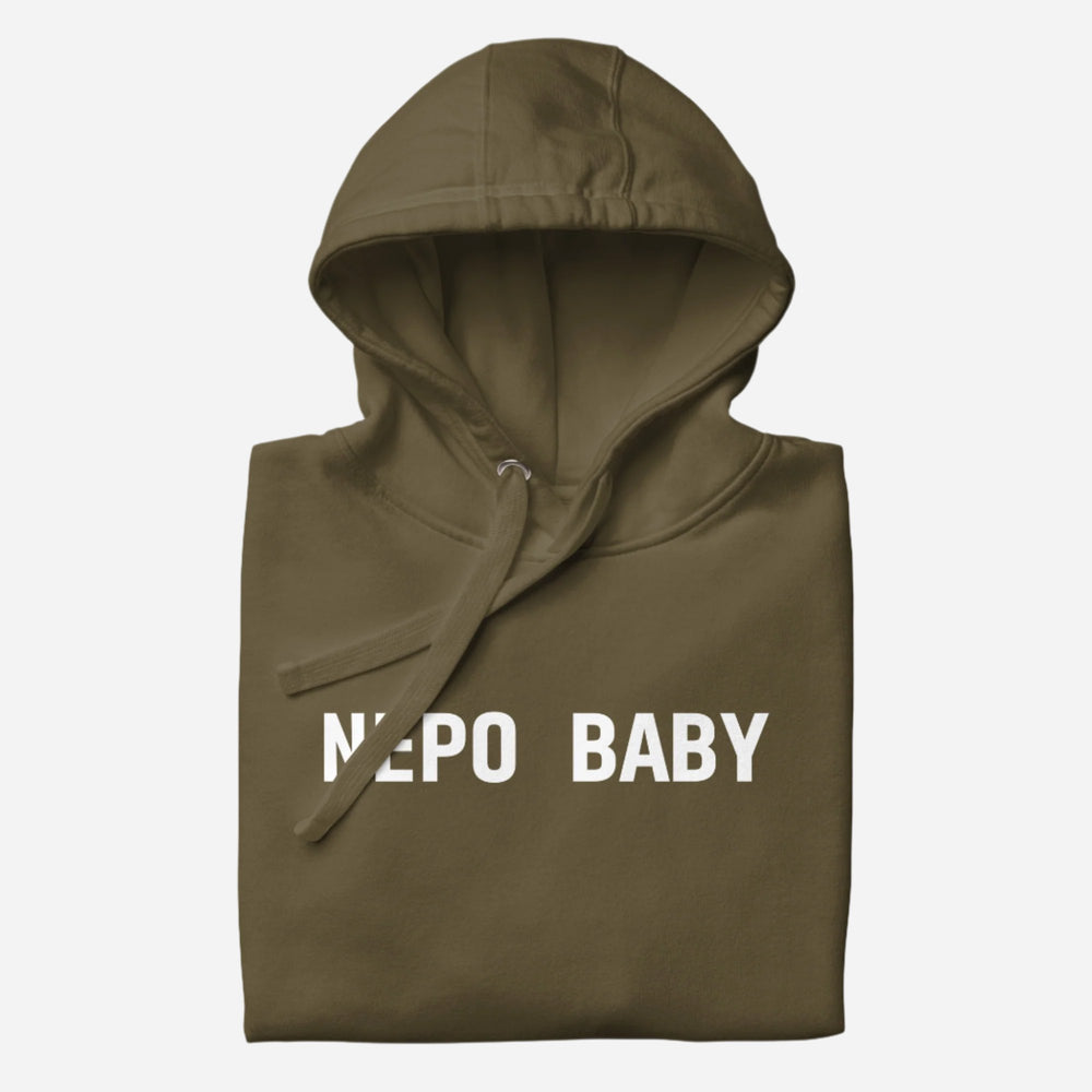 Military Green hoodie with white Nepo Baby lettering, folded view.