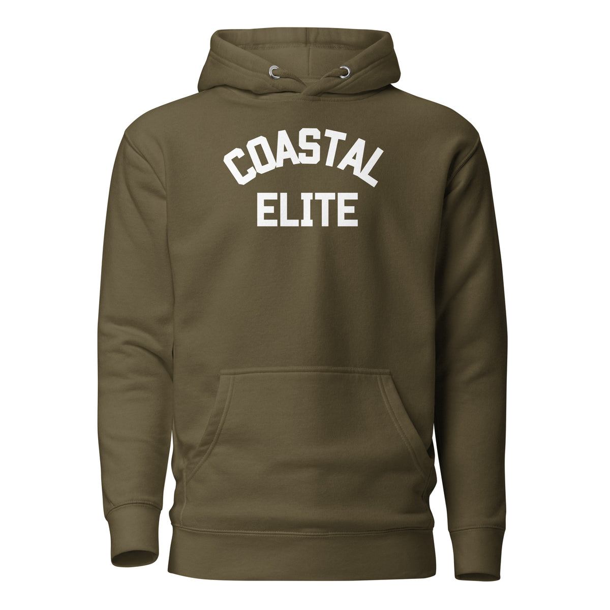 Military Green hoodie, front view, with white arched 'Coastal Elite' lettering.