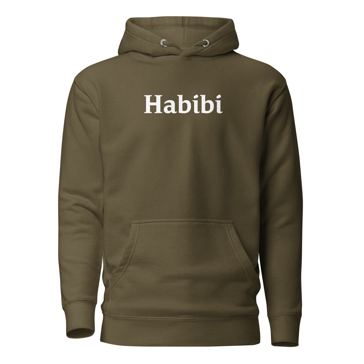 Military Green hoodie, front view, with white 'Habibi' lettering.