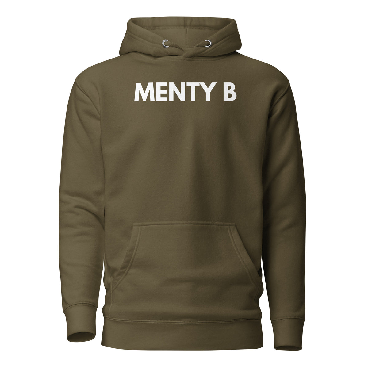 Military Green hoodie, front view, with white 'MENTY B' lettering.