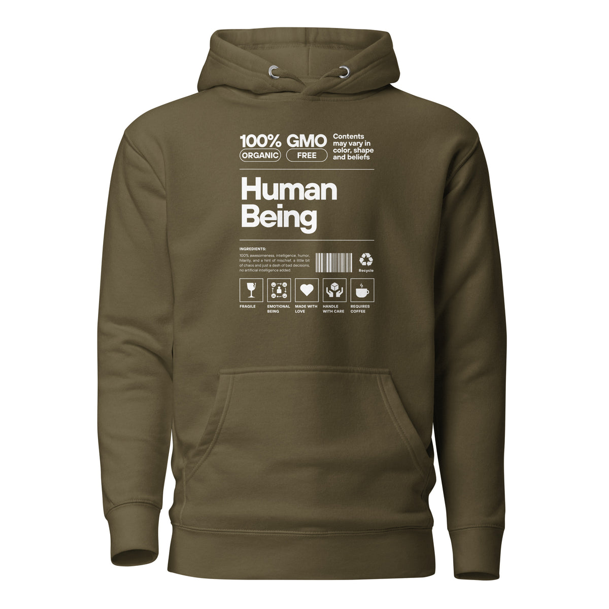 Military Green hoodie with a white Human Being label-style graphic and icons, front view.