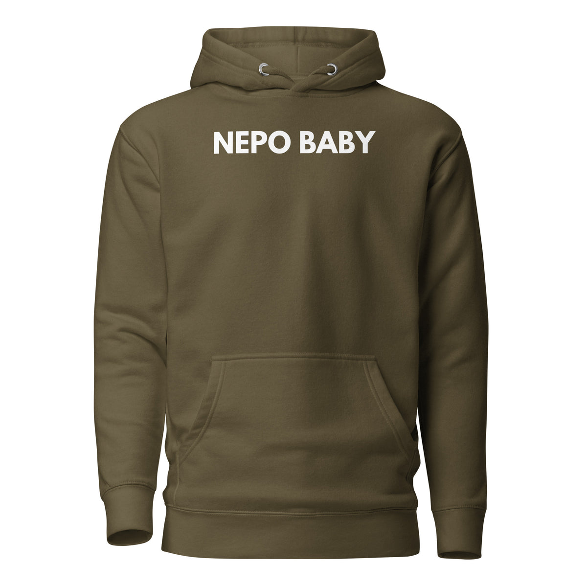 Military Green hoodie with white Nepo Baby lettering, front view.