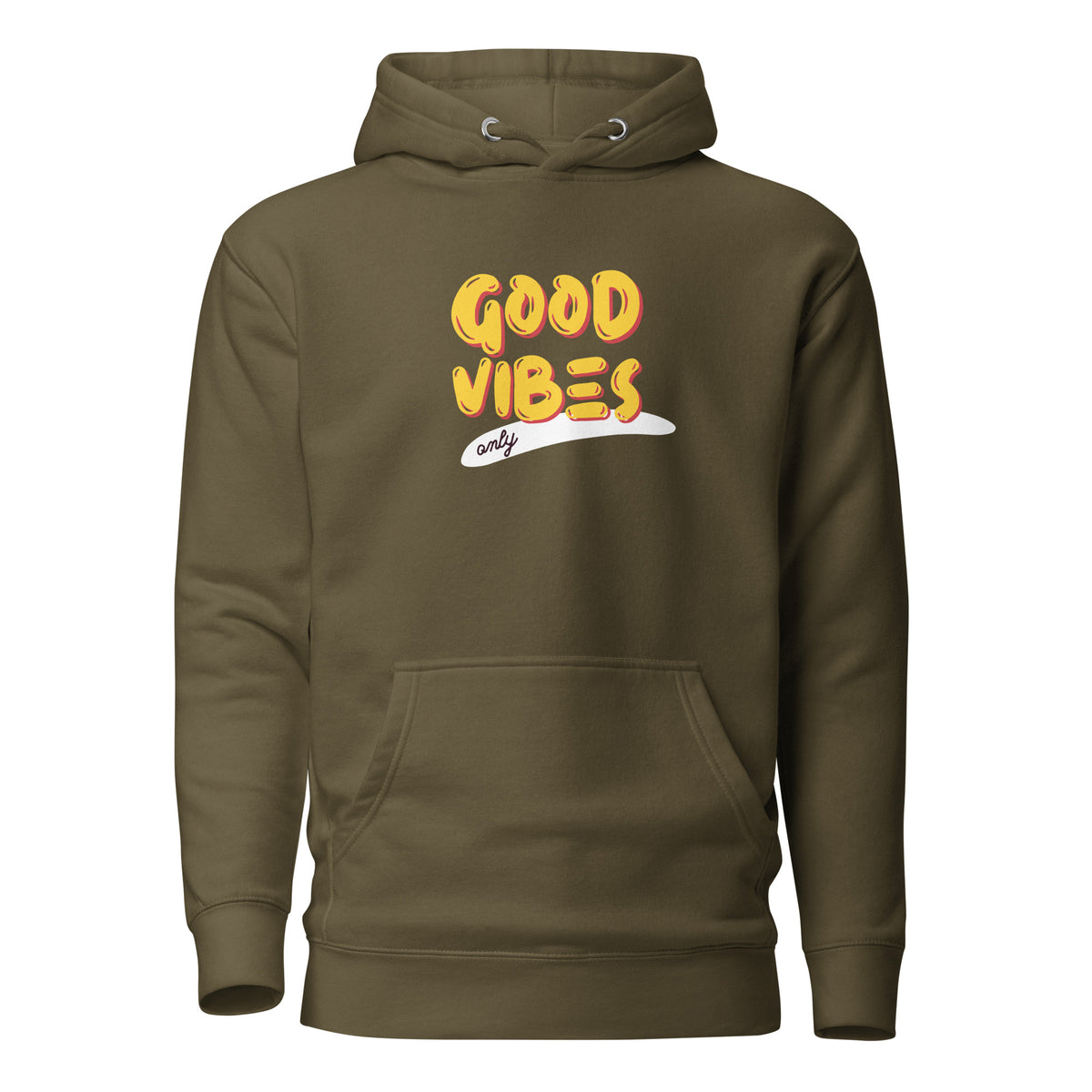 Military Green hoodie, front view, with yellow 'Good Vibes' lettering with a white underline.