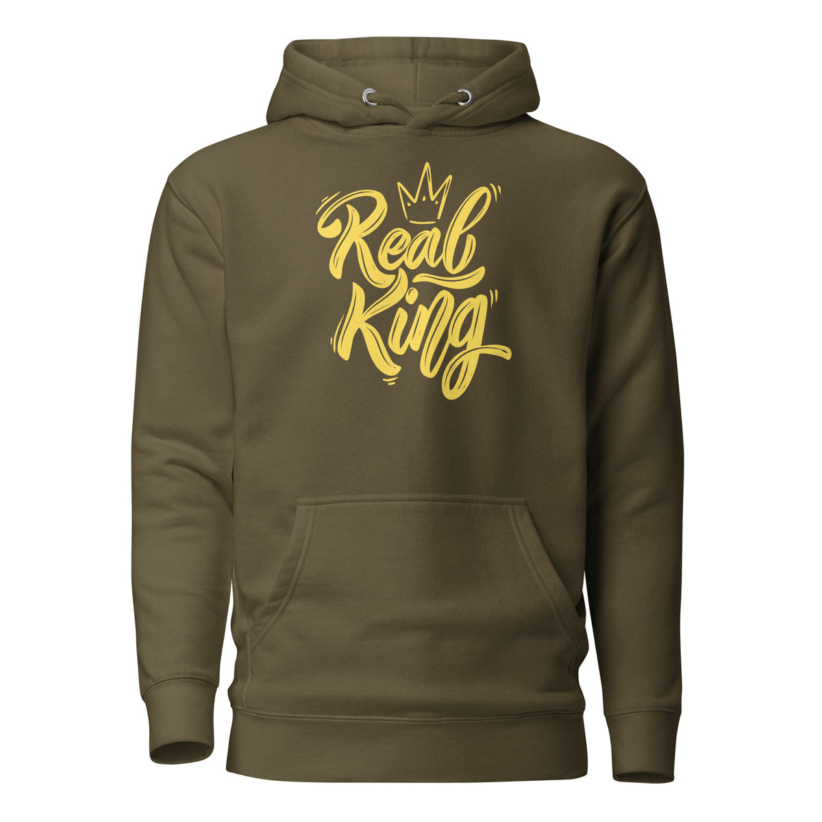 Military Green hoodie, front view, with yellow 'Real King' script and a crown.