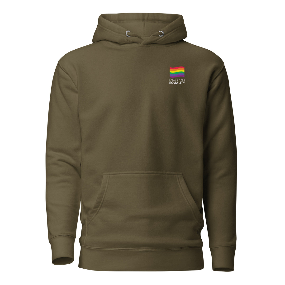 Military Green hoodie, front view, with a small rainbow flag and lettering on the chest.