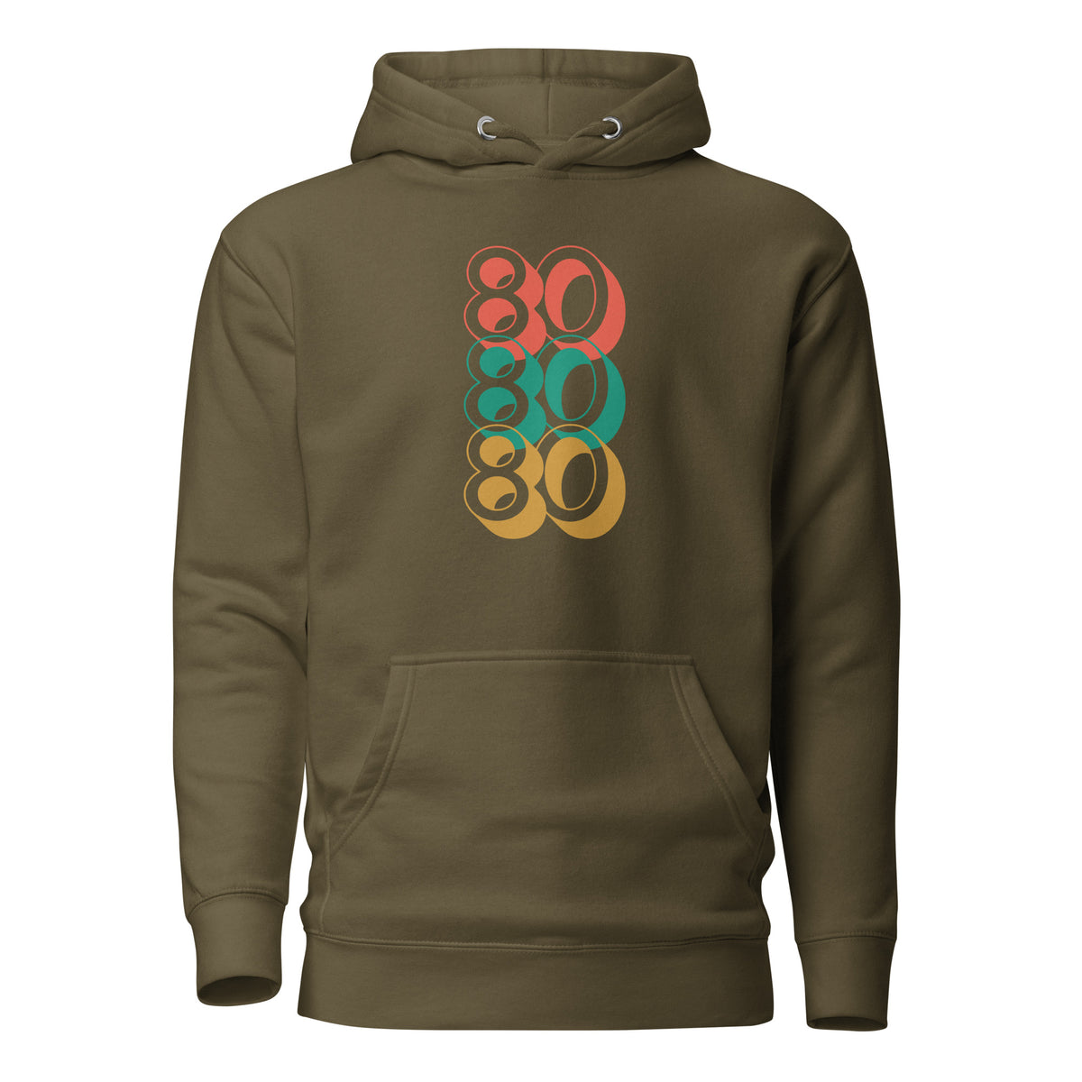 Military Green hoodie with stacked red, green and yellow 80 numerals, front view.