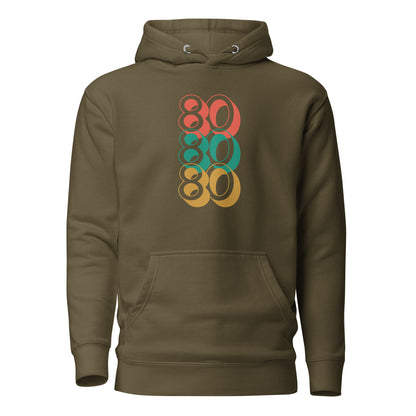 Military Green hoodie with stacked red, green and yellow 80 numerals, front view.