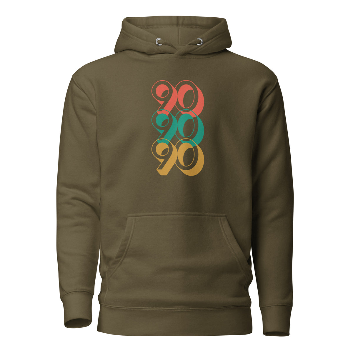 Military Green hoodie, front view with stacked red, green and yellow "90" numerals.